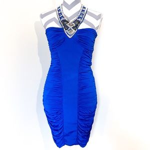 Bebe Blue Ruched Dress with Decorative Neckpiece